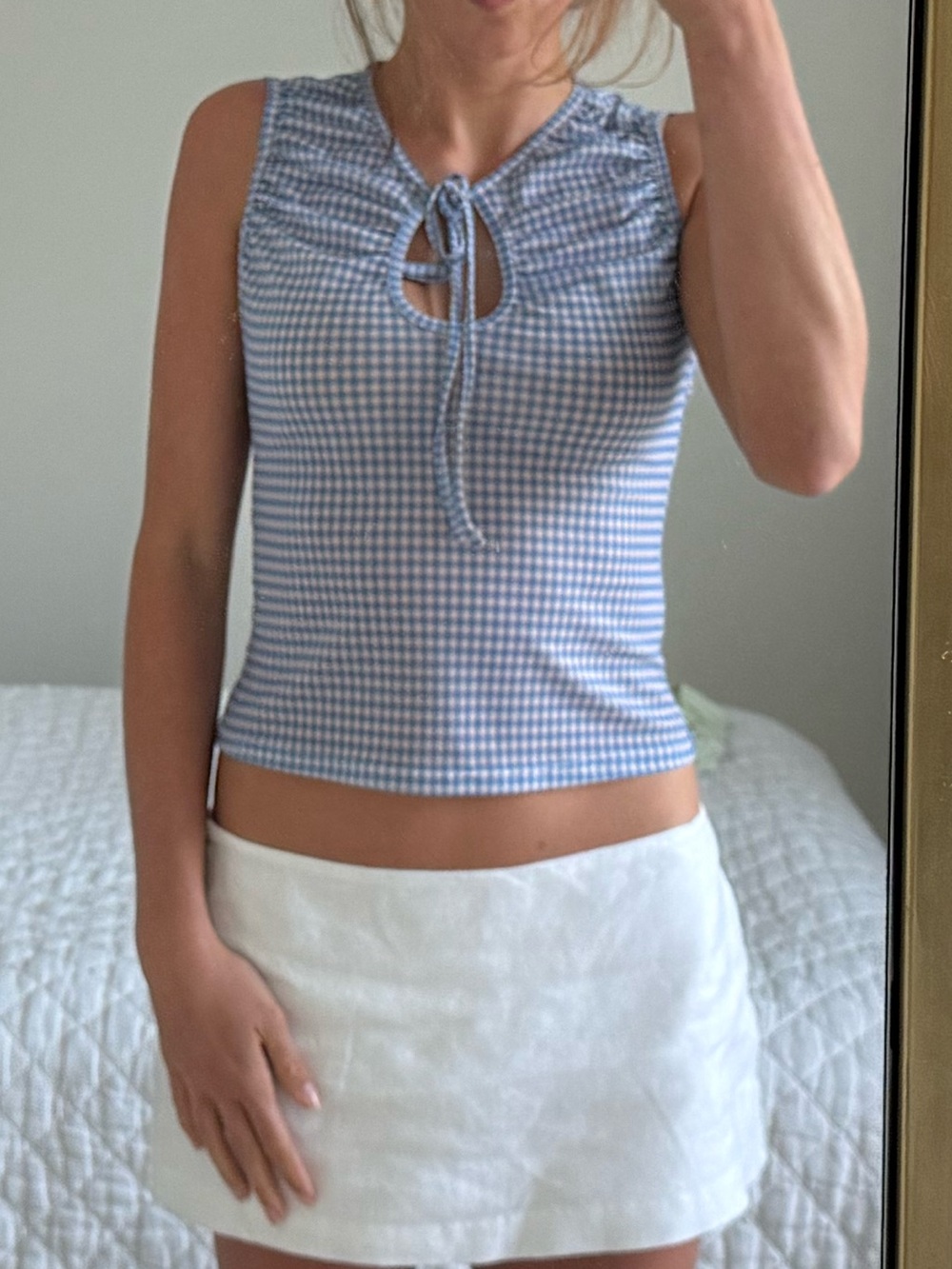 Reformation Blue Gingham Tie-Neck Sleeveless Top